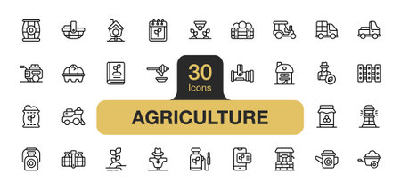 Set of 30 Agriculture icon element sets. Includes farmer, van, plant, bag, milk, horse, and More. Outline icons vector collection.のイラスト素材