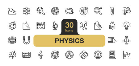 Set of 30 Physics icon element sets. Includes Atom, Molecule, Electron, Proton, Photon, Quark, Microscope, Voltmeter, Magnetism, Gravity, and More. Outline icons vector collection.のイラスト素材