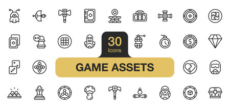 Set of 30 Game Assets icon element sets. Includes brick, ingot, diamond, dice, chessboard, pinball, alien, and More. Outline icons vector collection.のイラスト素材