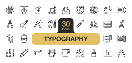 Set of 30 Typography icon element set. Includes paint, ink, pen tool, font, text, ligature, and More. Outline icons vector collection.のイラスト素材