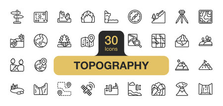 Set of 30 Topography icon element set. Includes canyon, cliff, desert, forest, lake, mountain and More. Outline icons vector collection.のイラスト素材