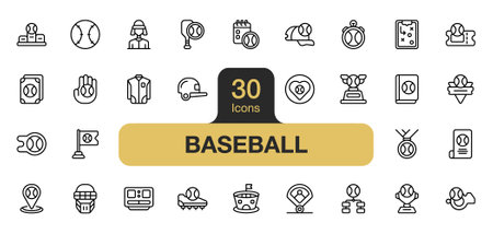 Set of 30 baseball icon element sets. Includes helmet, ticket, tournament, trophy, card, clothes, and More. Outline icons vector collection.のイラスト素材