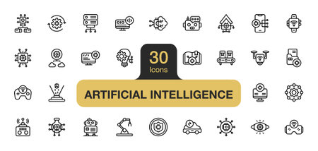 Set of 30 Artificial Intelligence icon element sets. Includes innovation, brain, vision, chat box, super intelligence, algorithm, and More. Outline icons vector collection.のイラスト素材