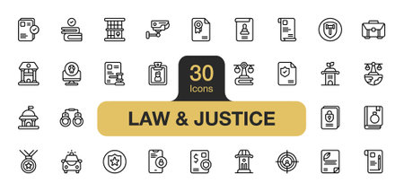 Set of 30 Law and Justice icon element sets. Includes approval, medal, certificate, contract, decision, cage, book, and More. Outline icons vector collection.のイラスト素材