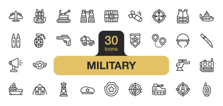 Set of 30 Military icon element set. Includes knife, tank, gun, bomb, submarine, plane, and More. Outline icons vector collection.のイラスト素材