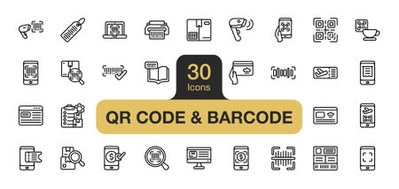 Set of 30 Qr code and barcode icon element set. Includes smartphone, product, receipt, menu, card, scanner, and More. Outline icons vector collection.のイラスト素材
