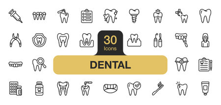 Set of 30 Dental icon element set. Includes tooth, pain, teeth, medicine, treatment, cleaning, dentist, and More. Outline icons vector collection.のイラスト素材