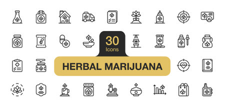Set of 30 Herbal marijuana icon element sets. Includes Cannabis Product, Marijuana, Extraction, Clinical, Cbd Oil, Cannabis Seeds, Oil, and More. Outline icons vector collection.のイラスト素材