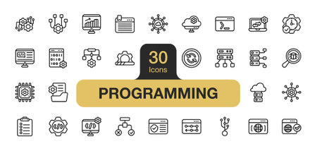 Set of 30 Programming icon element set. Includes algorithm, analysis, code, progress, protection, cloud, database, website, program, and More. Outline icons vector collection.のイラスト素材