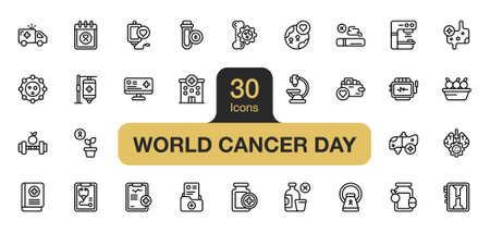 Set of 30 World cancer day icon element sets. Includes medical records, cancer, vitamins, no drinking, medical check, and More. Outline icons vector collection.のイラスト素材