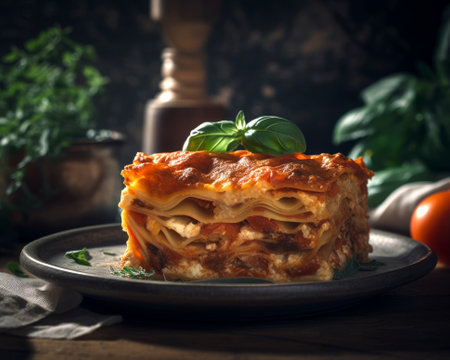 Traditional Italian lasagna on rustic wooden background. selective-focusの素材