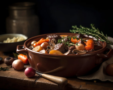 Beef Bourguignon with mushrooms and vegetables on wooden backgroundの素材