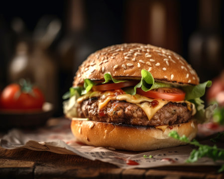 Cheese burger - American cheese burger with fresh salad on wooden backgroundの素材