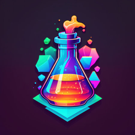 Magic potion in a glass flask. Vector illustration isolated on dark background.の素材