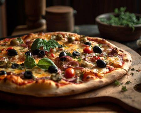 Pizza with olives, tomatoes and mozzarella on wooden tableの素材