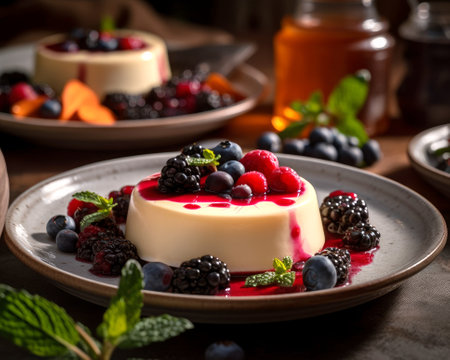 Panna cotta with fresh berries, selective focus, close upの素材