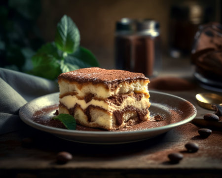 Tiramisu cake on a rustic wooden background. Toned.の素材