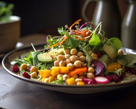 Vegetable salad with chickpeas, avocado, corn, beetroot and arugulaの素材