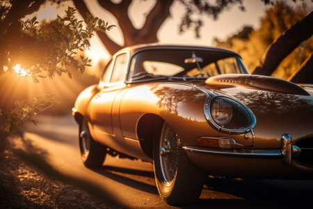 Classic car on the road at sunset. Retro car in the countryside.の素材