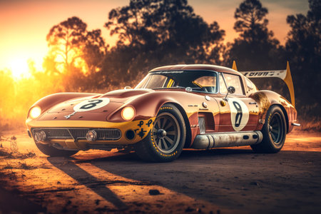 Vintage race car on dirt road at sunset. Retro styled picture.の素材