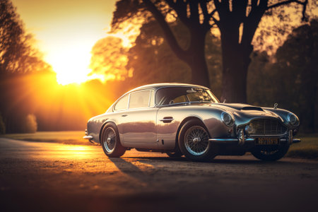 Vintage american car on the road at sunset. Retro car.の素材