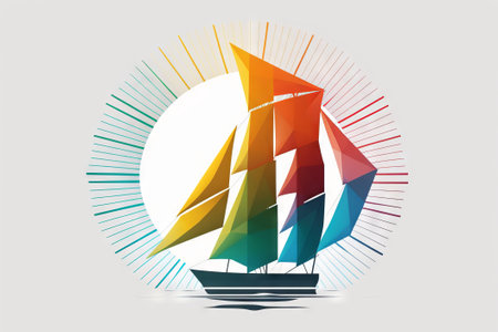 Sailboat with colorful sunburst. Vector illustration for your designの素材