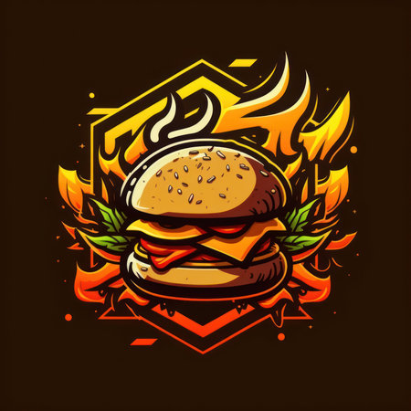 Hamburger with flames on a black background. Vector illustration.の素材