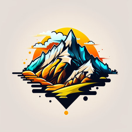 Mountain logo or emblem with sunset and mountains. Vector illustration.の素材