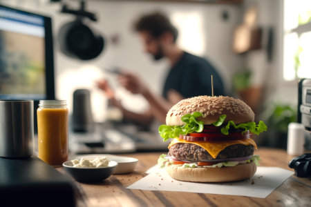 Hamburger on the table in front of a young man working on a laptopの素材