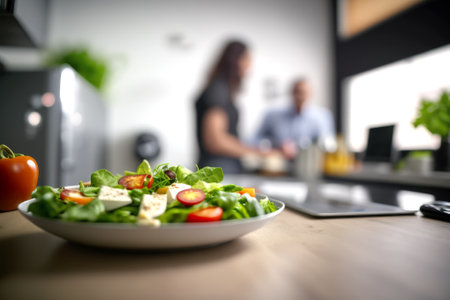Healthy salad on wooden table in kitchen with blurred woman in backgroundの素材