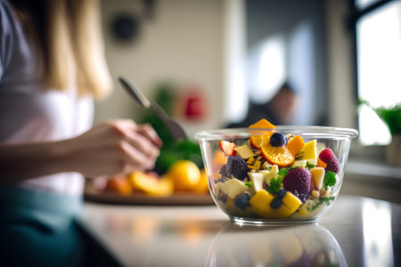 Woman eating fresh fruit salad in the kitchen at home, close upの素材