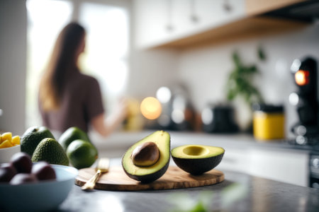 Close up of avocado on wooden cutting board and woman in the backgroundの素材