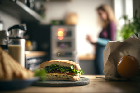 Closeup of tasty sandwich on table in kitchen with blurred woman in backgroundの素材