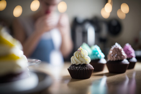 Cupcakes with whipped cream on wooden table and blurred background.の素材