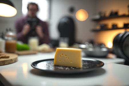 Piece of cheese on plate on table in kitchen, closeupの素材