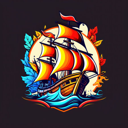 Sailing ship in the sea. Vector illustration on black background.の素材