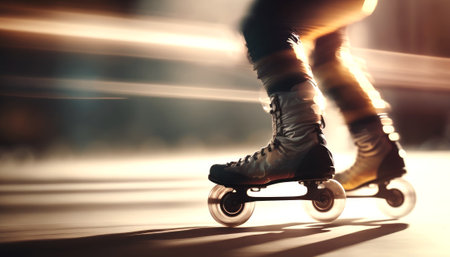 Close-up of roller skates on a skateboard in motionの素材