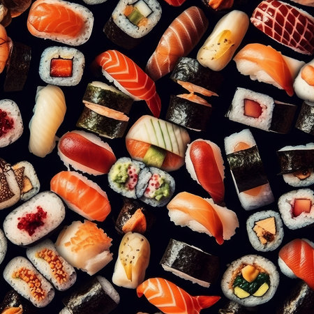 Seamless pattern of sushi and rolls on black background. Top view.の素材