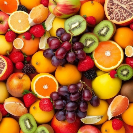 Fruit background. Multicolored fruits background. Top view.の素材