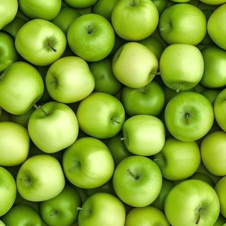 background of fresh green apples, top view, close-up.の素材