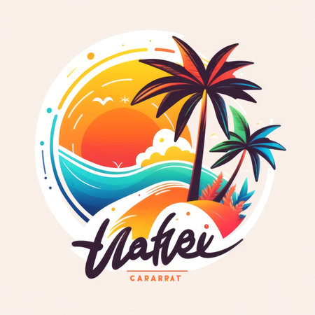 Tropical island with palm trees, sun and waves. Vector illustration.の素材