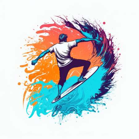 Surfer with surfboard on colorful splash background, vector illustration.の素材