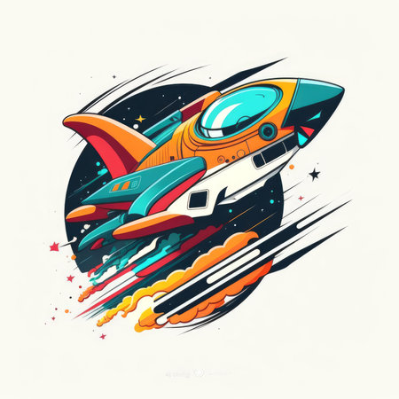 Cartoon space ship in the universe. Hand drawn vector illustration.の素材