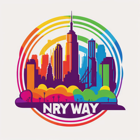 New York City skyline in colorful circle with skyscrapers, vector illustrationの素材