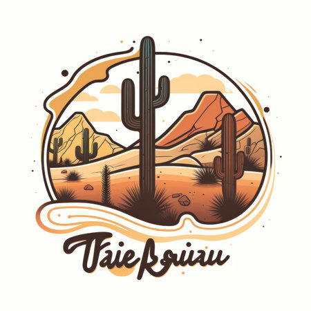 Tribal travel emblem with saguaro cactus and mountains. illustrationの素材