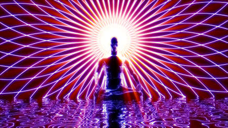 3D illustration of a man meditating in the Lotus positionの写真素材