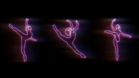 luminous silhouettes of dancers on a black backgroundの写真素材