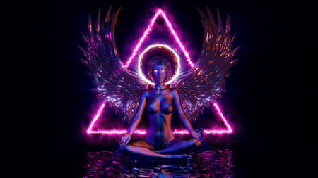 3D illustration of a dark angel reflected in the water on the background of a burning triangleの写真素材