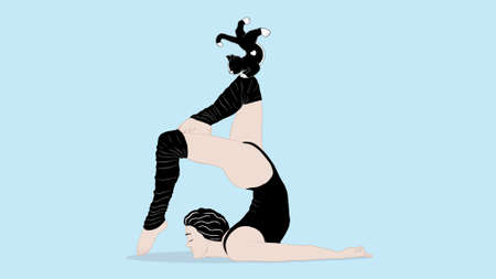 illustration a girl doing yoga with a catの写真素材