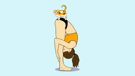 illustration a girl doing yoga with a catの写真素材